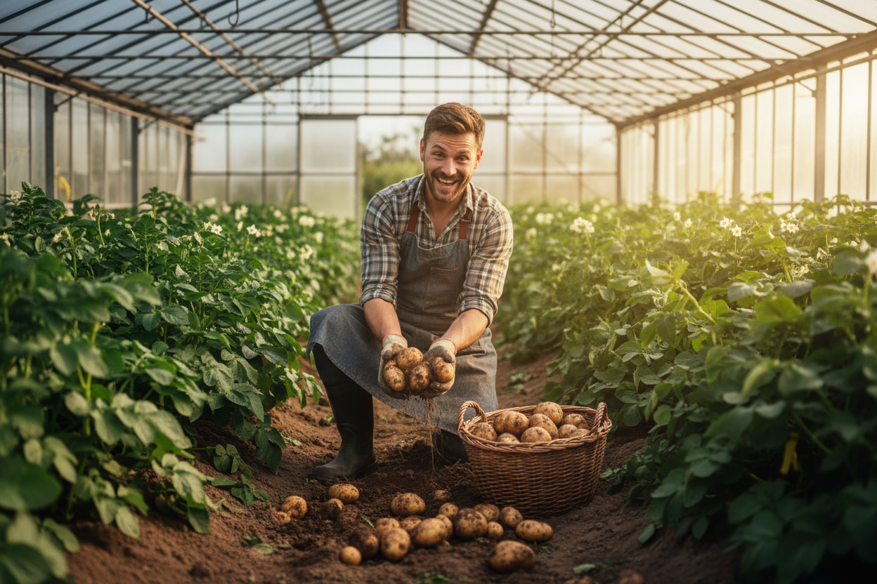 I want someone excitedly harvesting lots of potatoes from their greenhouse