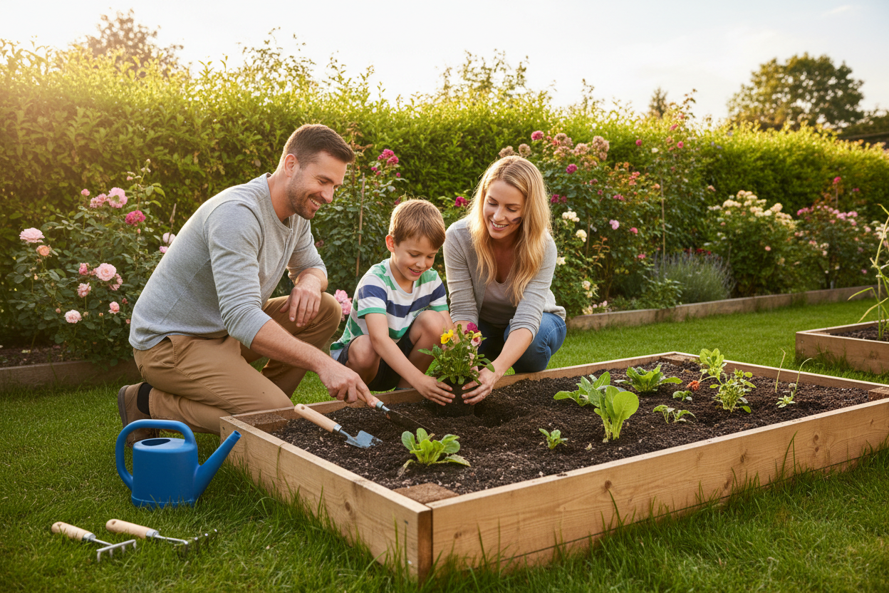 Please create me a side image that has a man and a woman with a little 8 year old boy, gardening in the back yard.