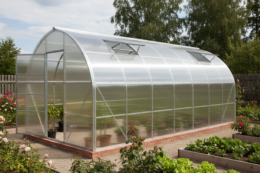 Polycarbonate with galvanized pipe frame greenhouse that is 20 feet long by 10 feet wide by 7 feet tall that is in an arch with two doors and two manual windows